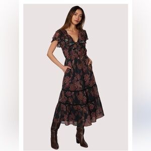 Lost + Wander Whispers of Bohemia Ruffle Midi Dress Black Plum Floral S NWT